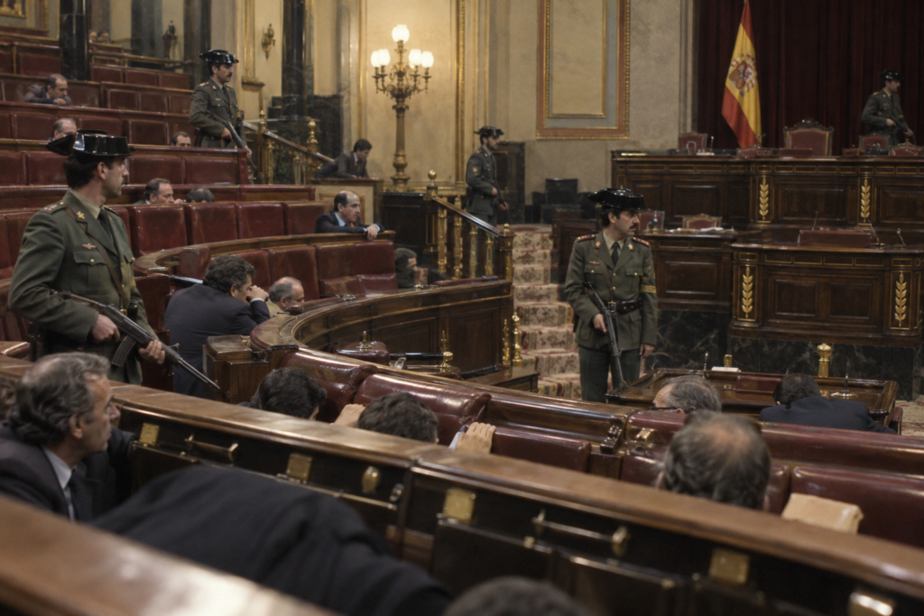 Guardias civiles armados entre los escaños del Congreso, con diputados sentados y agachados detrás de los bancos.