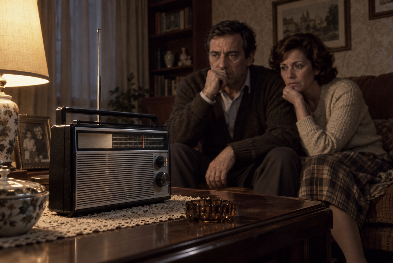 Radio sobre una mesa y una pareja sentada al fondo, escuchando con preocupación en un salón.