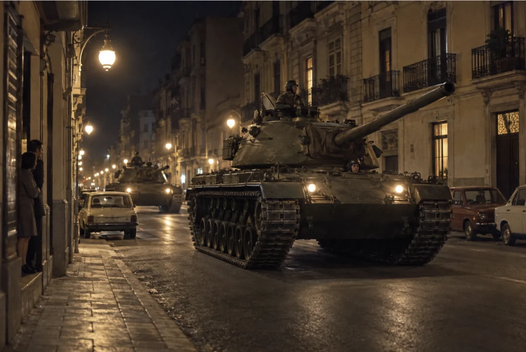 Dos tanques recorren una calle de noche, entre coches aparcados y edificios con balcones, mientras dos personas observan desde un portal.