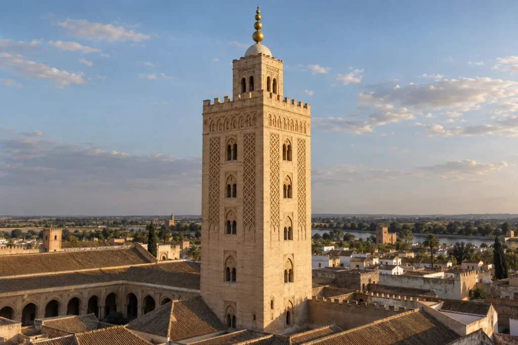 Recreación del alminar de Sevilla con cuatro esferas doradas sobre la cúpula y tejados a sus pies.