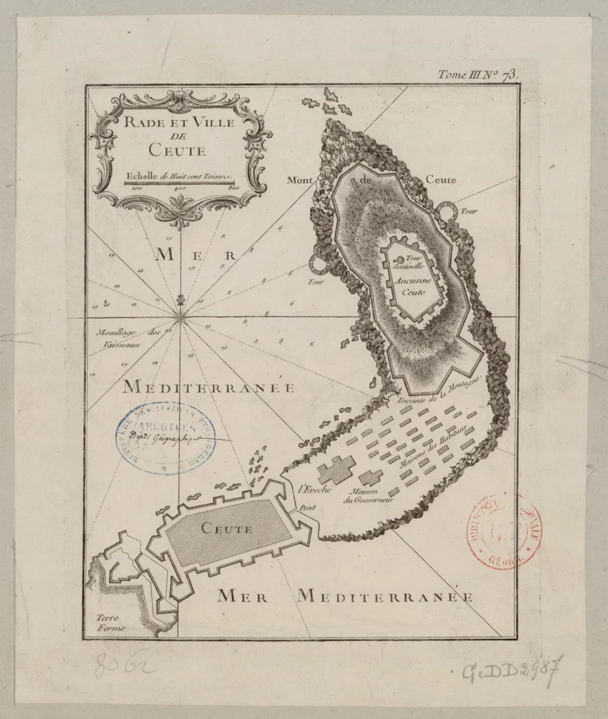 Plano del siglo XVIII de la bahía de Ceuta, con la ciudad amurallada sobre el istmo a un lado y, al otro, un conjunto de casas rotulado como viviendas de los habitantes, junto al monte.