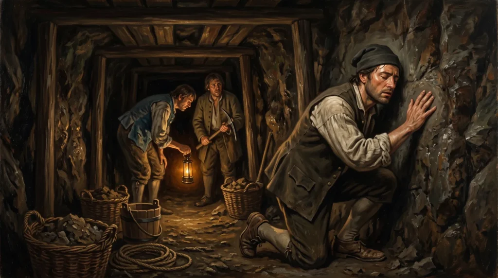 Galería subterránea estrecha y entibada con madera, iluminada por un candil. Un hombre arrodillado apoya la palma y la oreja contra la pared de roca, escuchando, mientras otros dos aguardan inmóviles detrás, uno sosteniendo la luz y otro un pico.