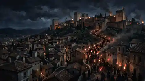 Multitud con antorchas recorriendo las calles de una ciudad amurallada de noche.