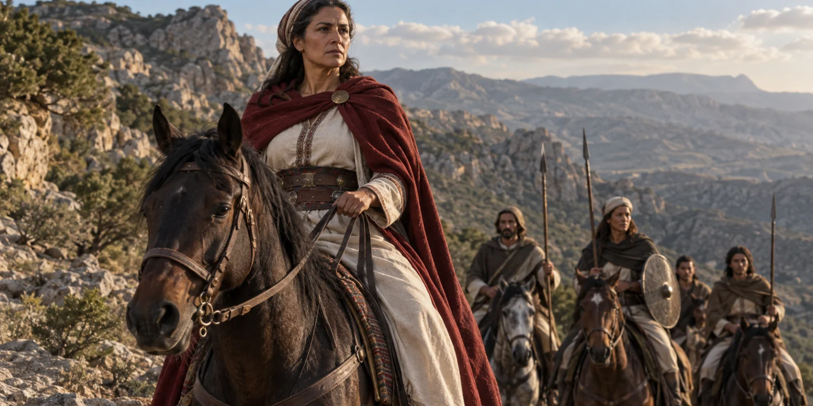Dihya al-Kahina, a caballo y con capa roja, encabeza a un grupo de jinetes bereberes por las montañas del Aurés.