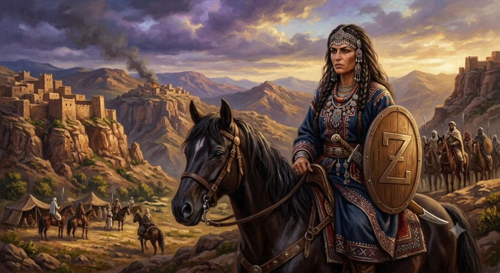 Representación de Dihya al-Kahina a caballo ante un poblado en llamas, con su escolta al fondo