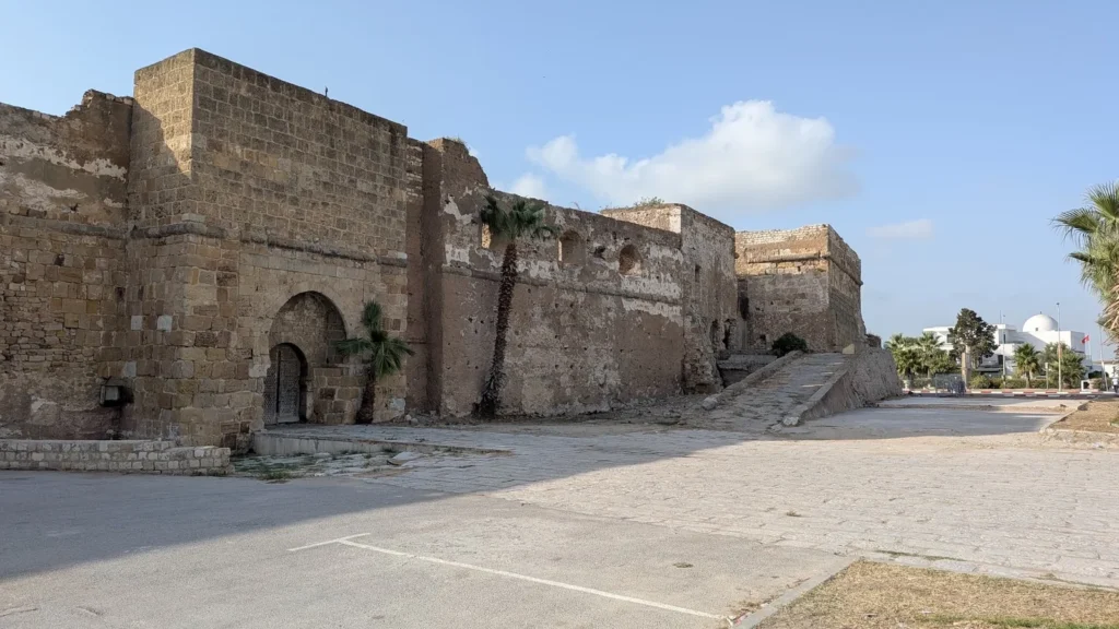 Muralla de sillería con torreón y arco de entrada apuntado, con palmeras delante y una explanada pavimentada en primer término.