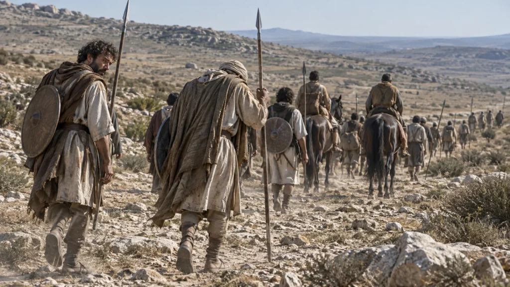 Las tropas de Hassan ibn al-Numan se retiran a pie y a caballo por el terreno árido del norte de África