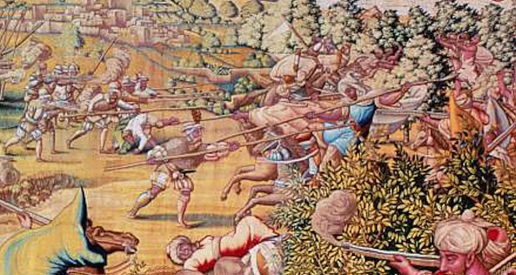 Escena de combate cuerpo a cuerpo del siglo XVI: jinetes con turbante cargando con lanzas contra soldados a pie, con heridos en el suelo y una ciudad amurallada al fondo.