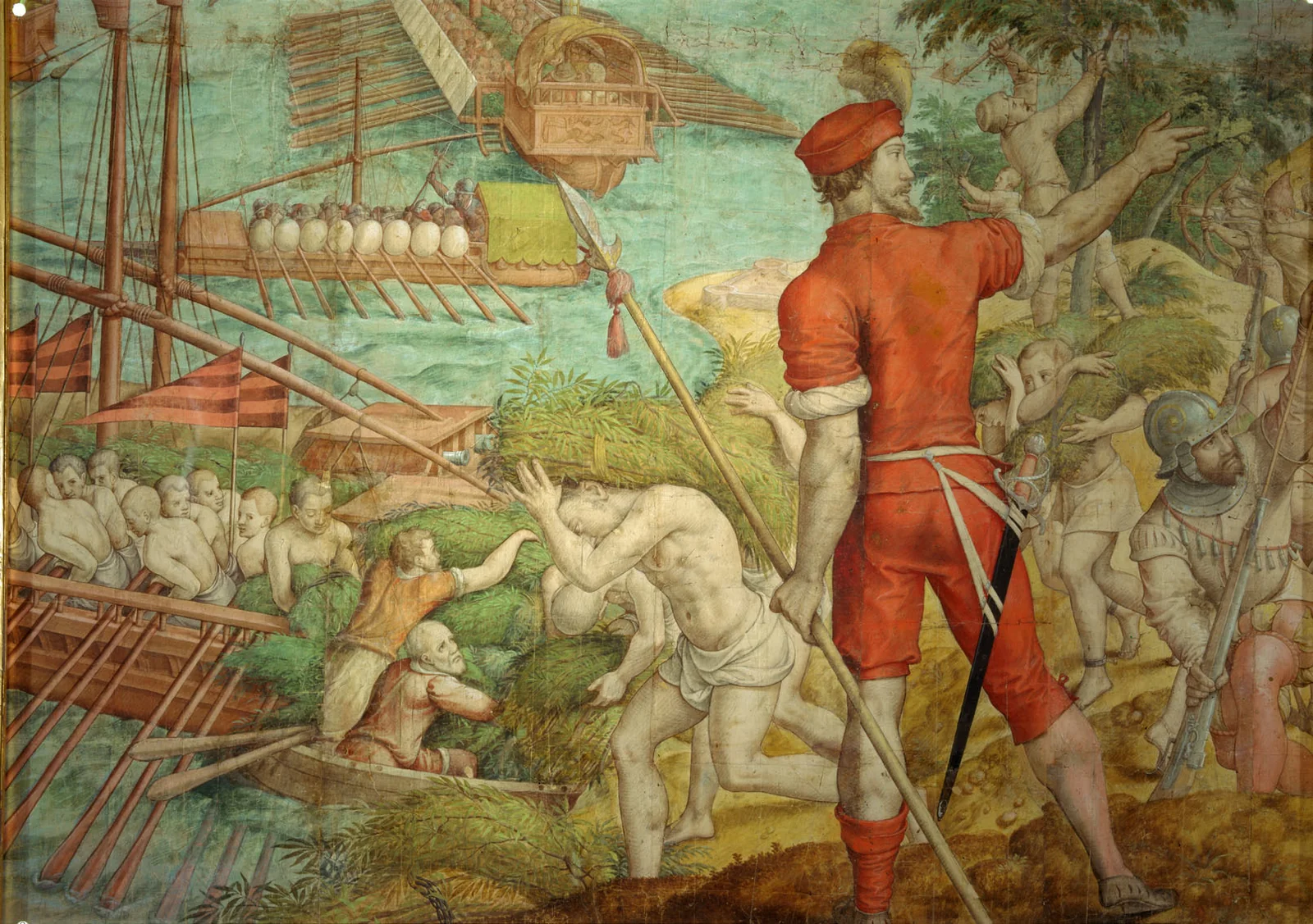 Pintura del siglo XVI con galeras arrimadas a la orilla, remeros encadenados al banco, soldados desembarcando entre la maleza y un oficial vestido de rojo dirigiéndolos desde tierra.