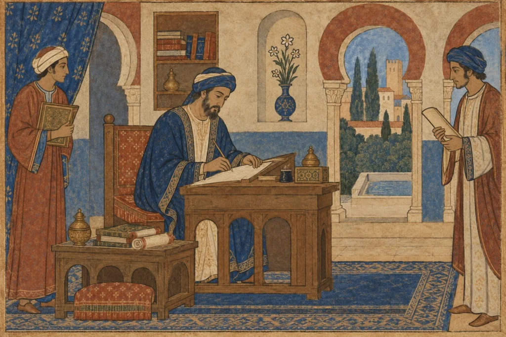 Visir sentado escribiendo con cálamo, acompañado por dos asistentes en una sala con arcos de herradura.