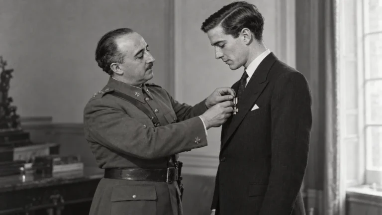 Recreación de Franco imponiendo una condecoración a un joven corresponsal británico en un acto oficial en Burgos en 1938.