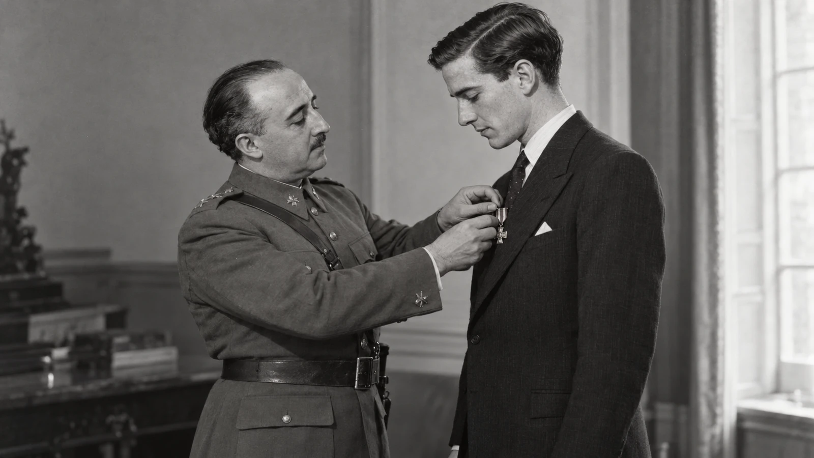 Recreación de Franco imponiendo una condecoración a un joven corresponsal británico en un acto oficial en Burgos en 1938.