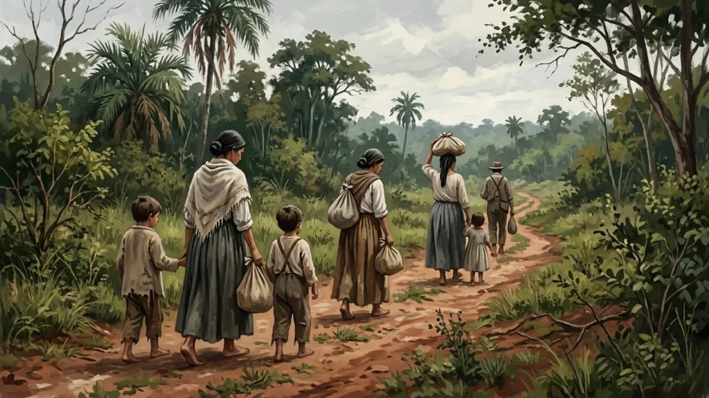 Mujeres y niños con hatillos caminan por un sendero; recreación ilustrada del desplazamiento civil durante la Guerra de la Triple Alianza.
