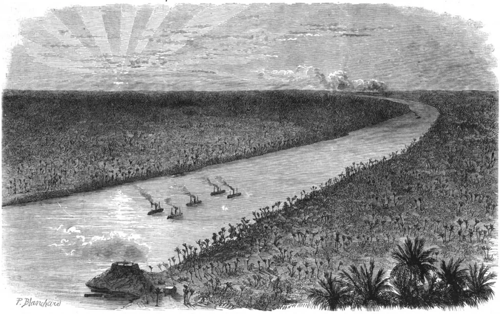 Grabado con una división de acorazados brasileños navegando por el río Paraguay junto a Humaitá.