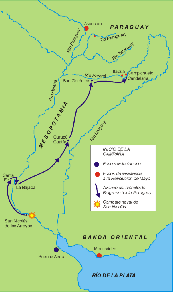 Mapa del avance del ejército de Manuel Belgrano hacia Paraguay en 1810.