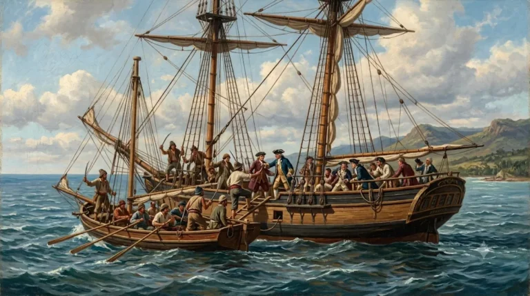 Recreación de marineros españoles de un guardacostas subiendo a bordo de un bergantín mercante británico en el Caribe, en 1731.