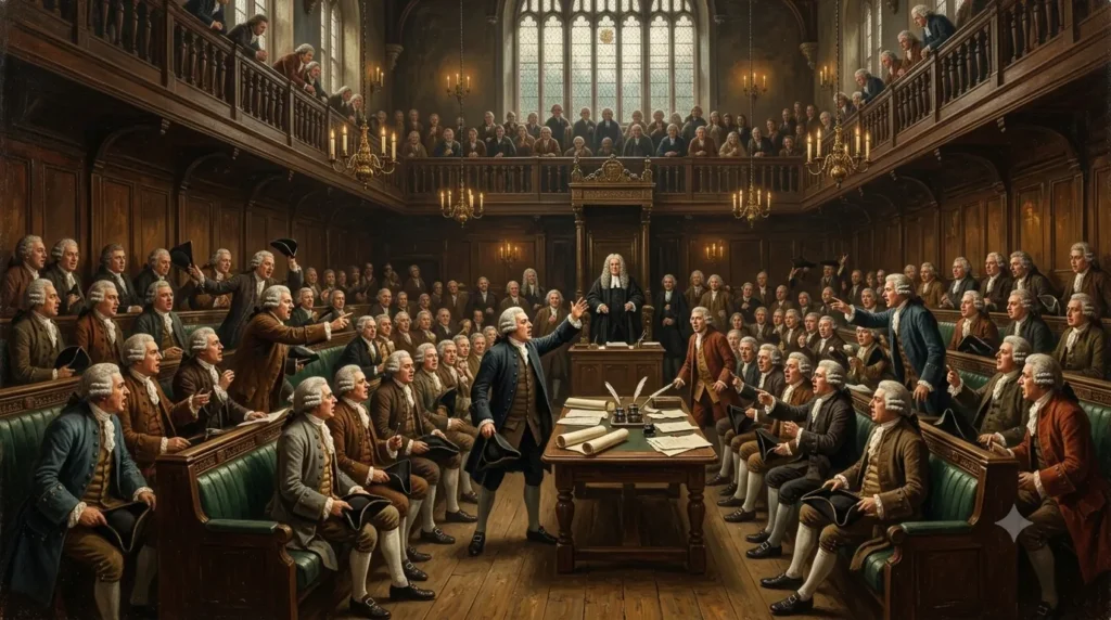 Recreación de diputados británicos con peluca debatiendo acaloradamente en la Cámara de los Comunes en 1738, con documentos sobre la mesa central.