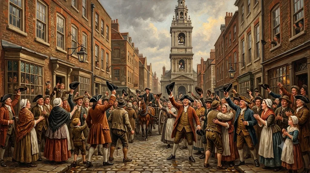 Recreación de una multitud en una calle de Londres en 1739 levantando los sombreros para celebrar la declaración de guerra contra España, con una iglesia al fondo.