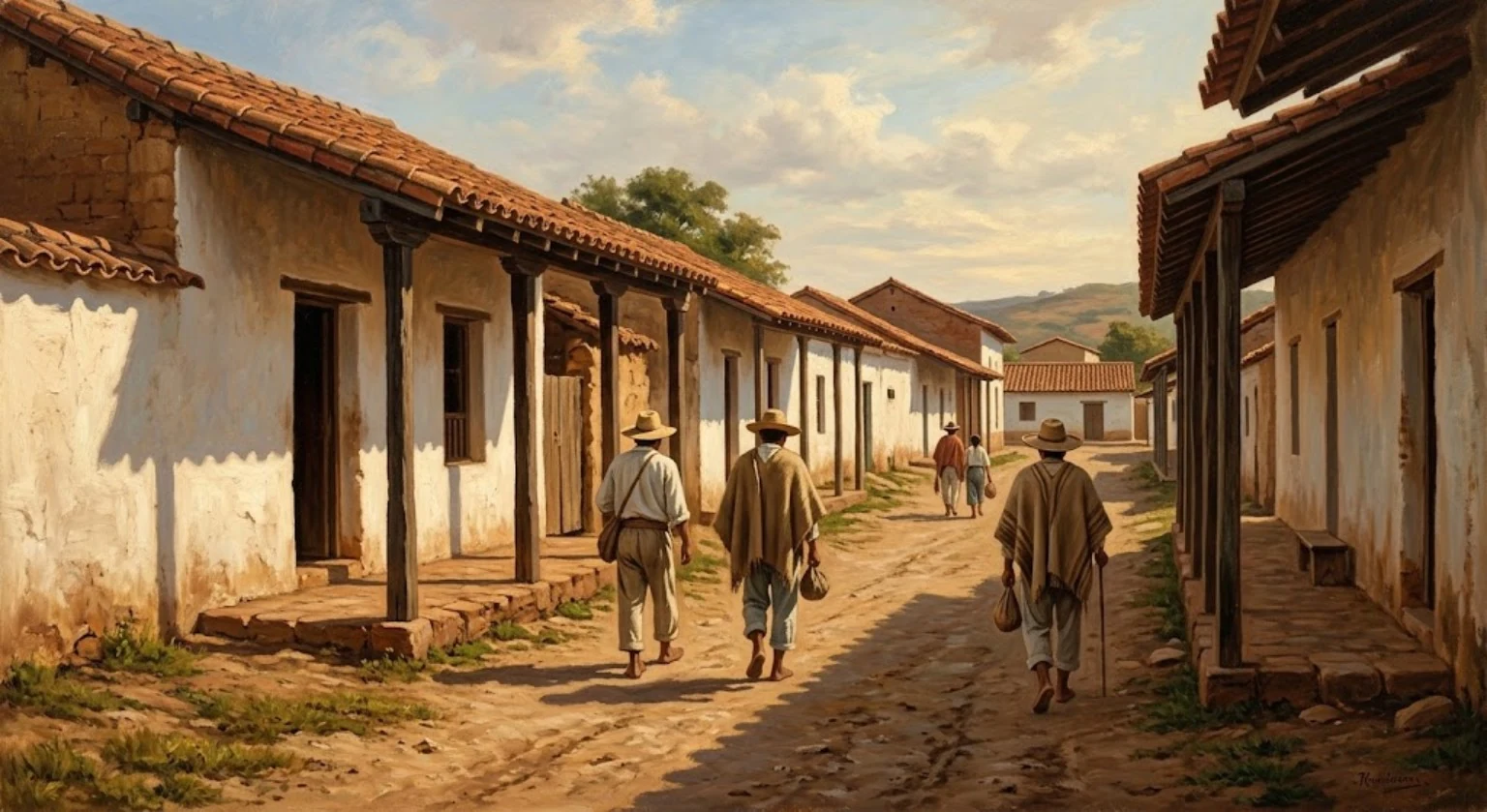 Ilustración de una calle de tierra con casas coloniales y varios habitantes.